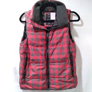 GAP Plaid Winter Warmth Sleeveless Puffer Vest Full Zip Red Gray Size Small